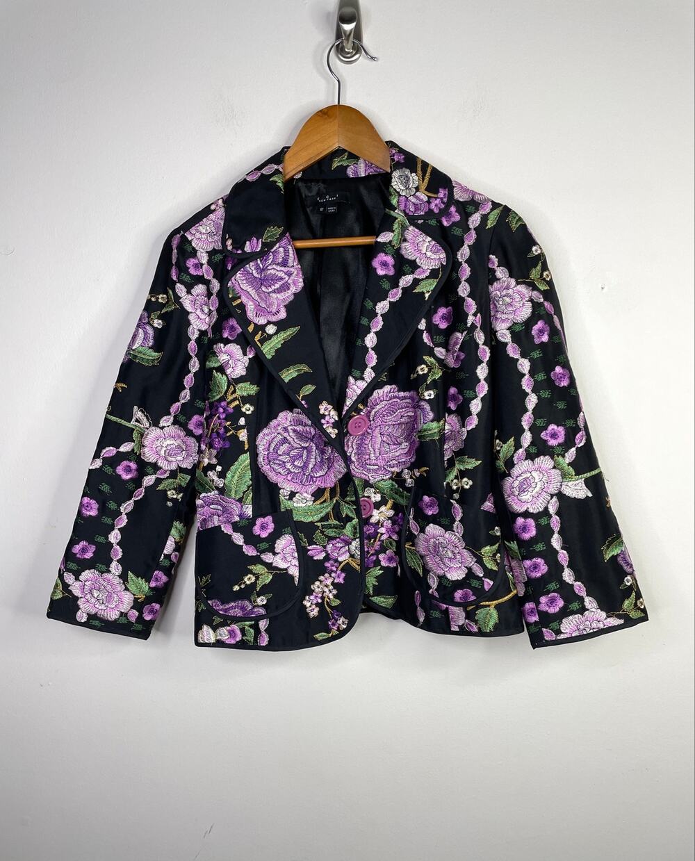 ECI New York Vintage Y2K Silk Embroidered Floral Blazer Jacket Chinoiserie 12